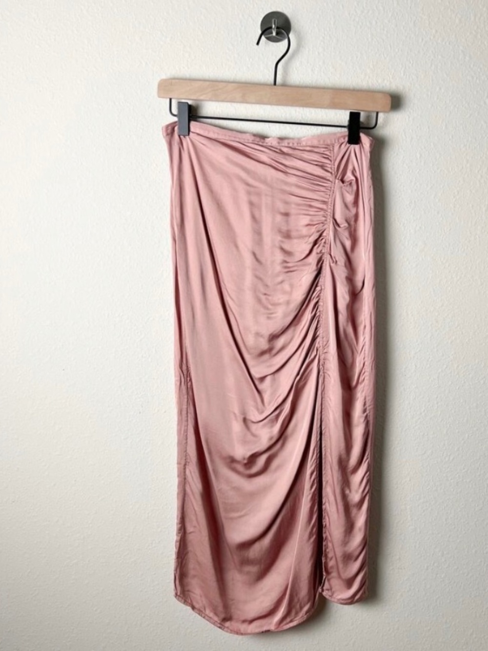 rouje paris renee pink satin ruched slit midi skirt blush